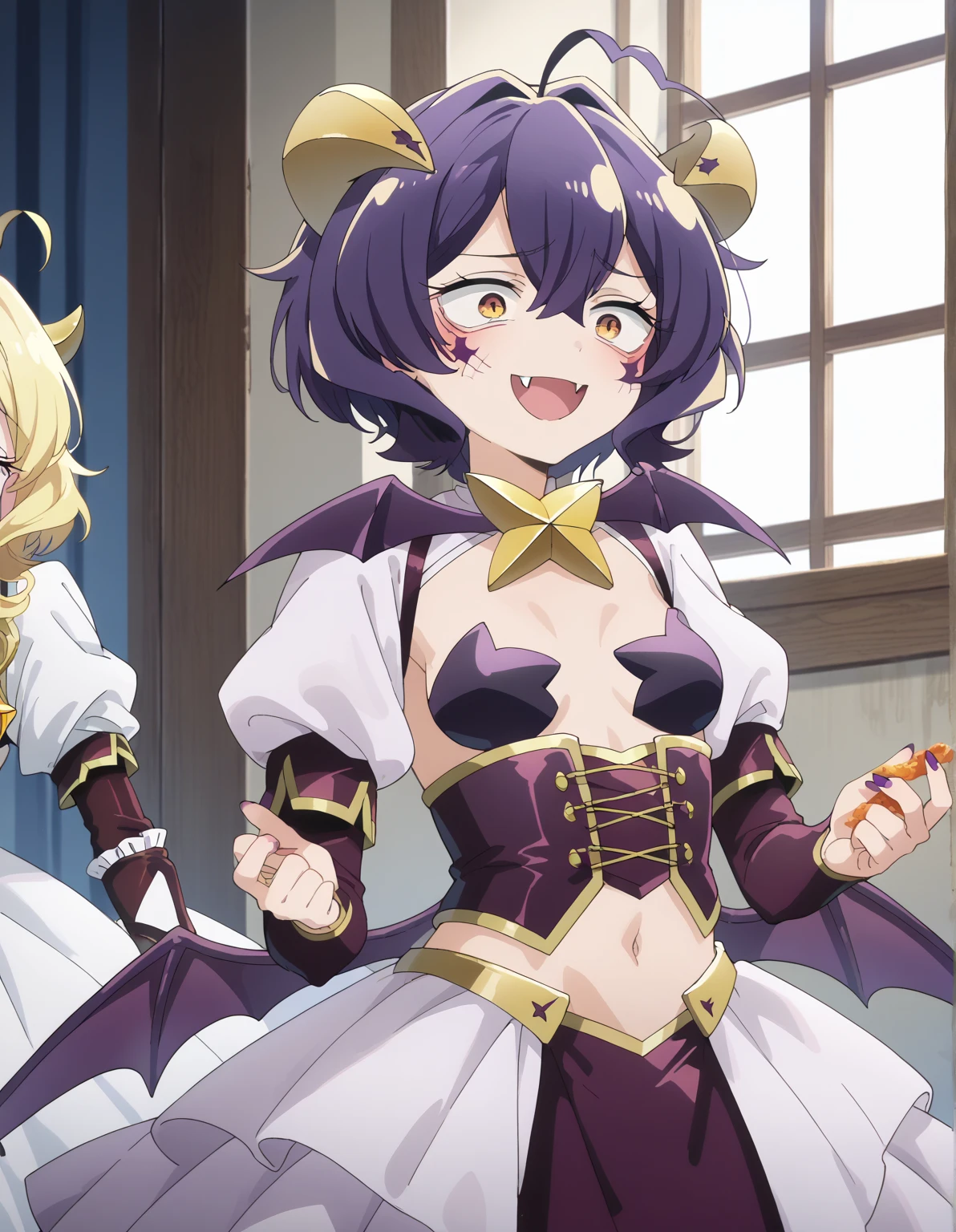 ((1girl)),((alone)), utena hiiragi,(masterpiece), (best quality), (ultra detailed), (best illustration), (best shadow), (absurdities), sharp focus, cowboy shot , dynamic posture looking at the viewer, small breasts, narrow waist, wide hips, wide thighs, round butt, erotic, romantic, (very detailed eyes, lips 1.1), very detailed eyes, eyes, Very detailed face, Very beautiful face, height full, beautiful slim figure, femininity, expressive appearance, elastic small breasts, increased sexuality, short hair, purple hair, ahoge, yellow eyes,+.+, hair between eyes, demon wings, demon horns, pasties, fangs, demon girl, star pasties, puff sleeves, purple gloves, navel, purple pants, bat wings, crop top, corset, white dress, defined body, perfect and beautiful body, perfect and beautiful, closed mouth, smile, crazy smile, lips half-open, fang, saliva, blushing, hand on chest, (sexy pose: 1.2), ((solo)), standing: 1.3, outdoor, city, cityscape, streets, cloudy sky, clouds, looking forward, ( (focus on hips), point of view: (from below), red blush, perfect anatomy, perfect hands