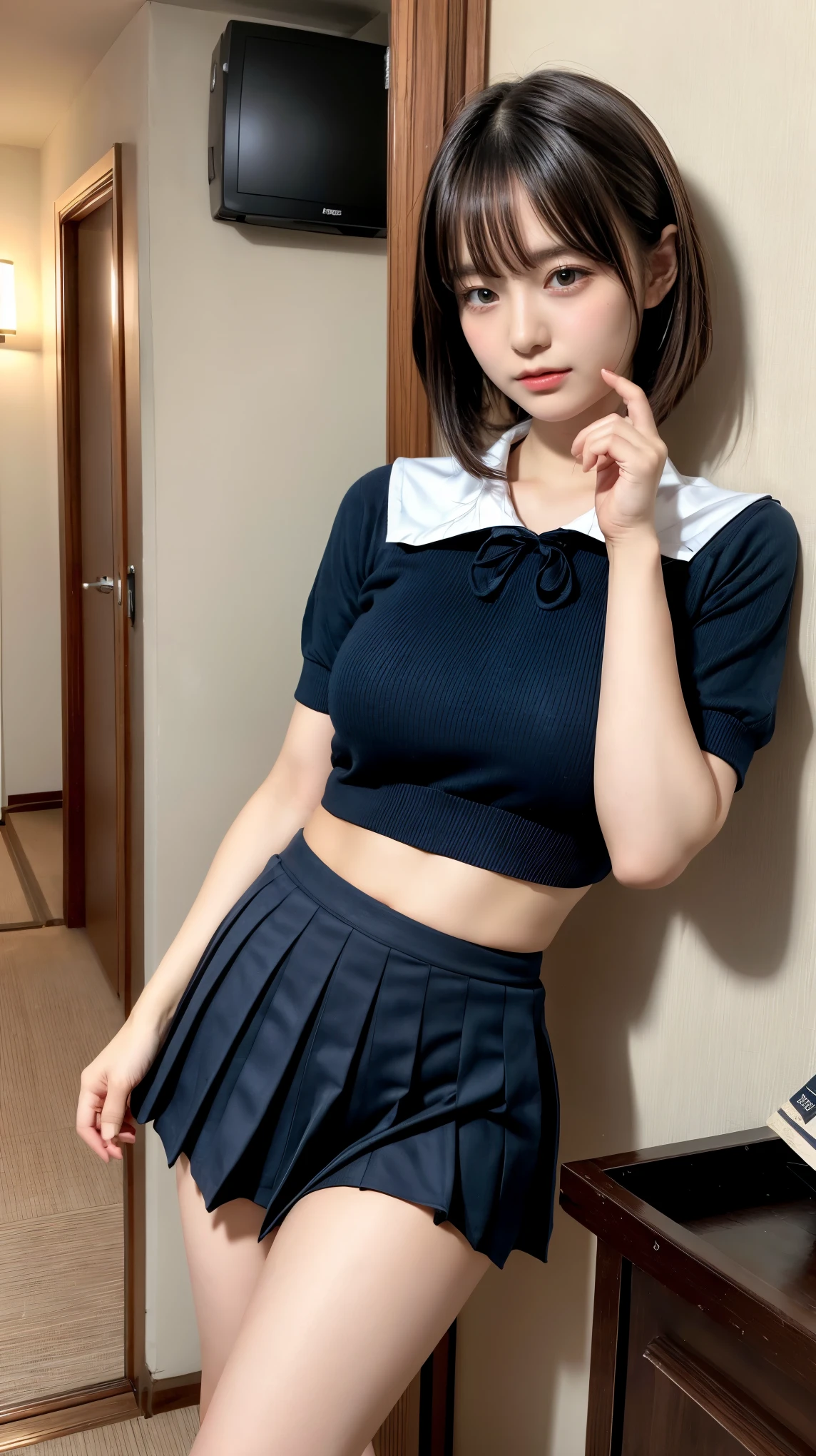 masterpiece, best quality, illustration, Super detailed, fine details, High resolution, 8K,wall paper, perfect dynamic composition,(Details High quality, realistic depiction of eyes:1.3), Black Sailor Uniform, serafuku, Navy pleated skirt, huge breasts, short bob hair, black hair color, Big Natural Color Lip, bold sexy pose, crying a little、 Harajuku style、20 year old girl、cute type、lolita、beautiful legs, hotel room, full body photo、focus on crotch, hposing Gravure Idol