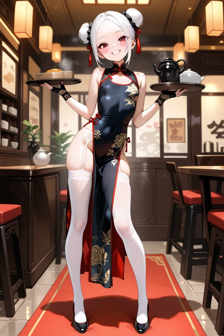 Beautiful images,Detailed Images,Official image,(Chinese restaurant background),One Woman,Blonde,Red Eyes,Ponytail Hair,Model body type,(Dark Skin:1.3),Elf Ears,Large Breasts,(China dress:1.3),Smile small,