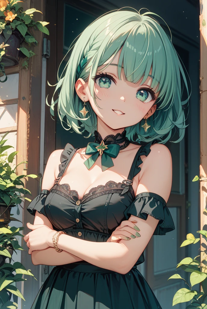 (High resolution:1.4),(((green hair))), ,(Highest quality:1.4),(masterpiece:1.4),(Beautiful big boobs:1.1), (Beautiful woman:1.2),(Purple Hair:1.1),(((green Bob Hair))),((Green Eyes)),Moles around the mouth,((black collar))), (Sweat:1),(Excited:1.2), (Embarrassing:1.2),(Sexual Ecstasy Face:1.2),(Beautiful Face:1.2),(Perfect body:1.1)(Beautiful breasts:1.1),(Tank top:1),choker,On the bed, Seductive pose, wariza,Lace panties, I can see a little cleavage, Distinct facial features