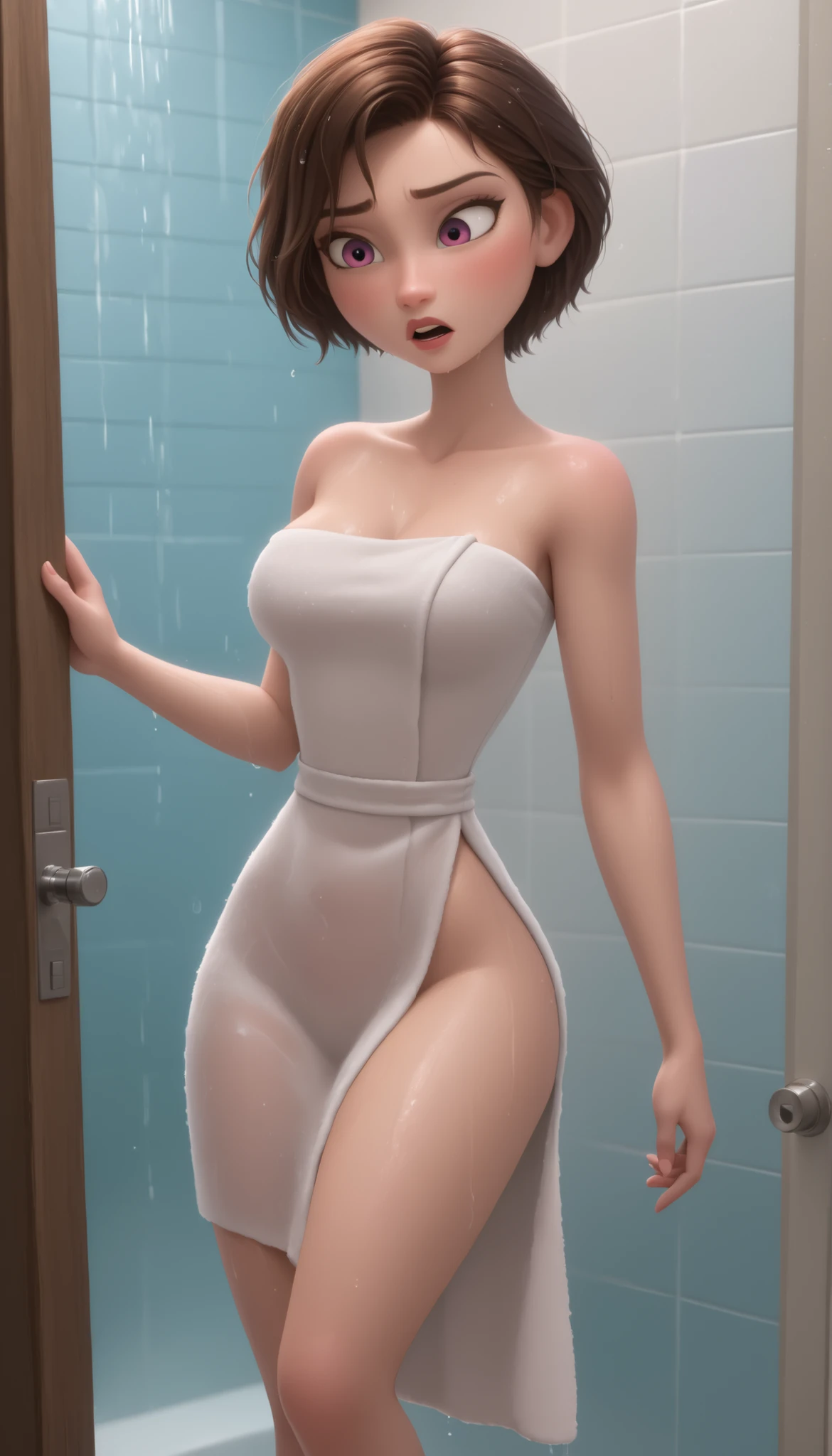 A very beautiful skinny girl wraped in towel very thin arms ,huge pointy round breasts, very thin long skinny legs and very thin waist show full body from head to foot) sexy pose (detailed ) (masterpiece) (facial features) beutiful face wet