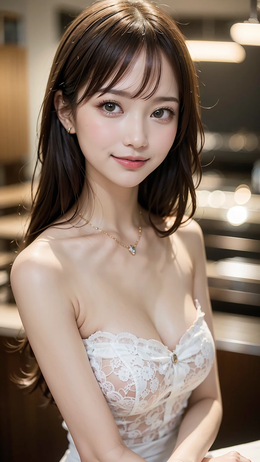 1 pretty girl,white skinned,brown hair,looking at viewer, beautiful small chest, France, pony tail, happy smile, lingerie model shooting, flowering blankets, black style, black lingerie, black starry sky