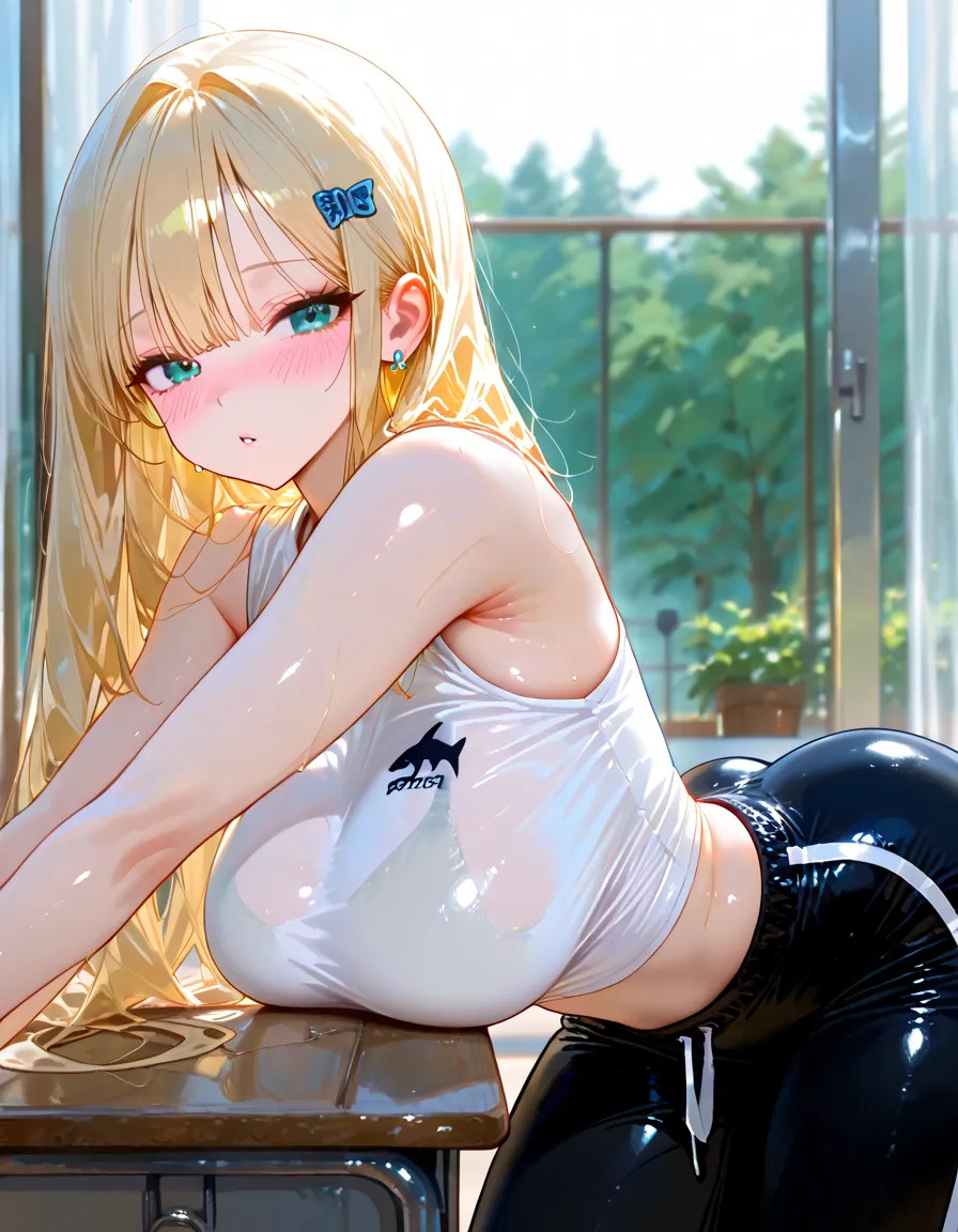 (The best quality,4k,High Resolutions),(realist:1.37), Blonde, long hair, Shy and blushing,sexy,monkeys on the ground,wet transparent uniform,black lingerie,shorts,Long black stockings,wet,soggy,open legs,water,(Photo ),
(whole body,cheered up),(vivid colors),(soft lighting)