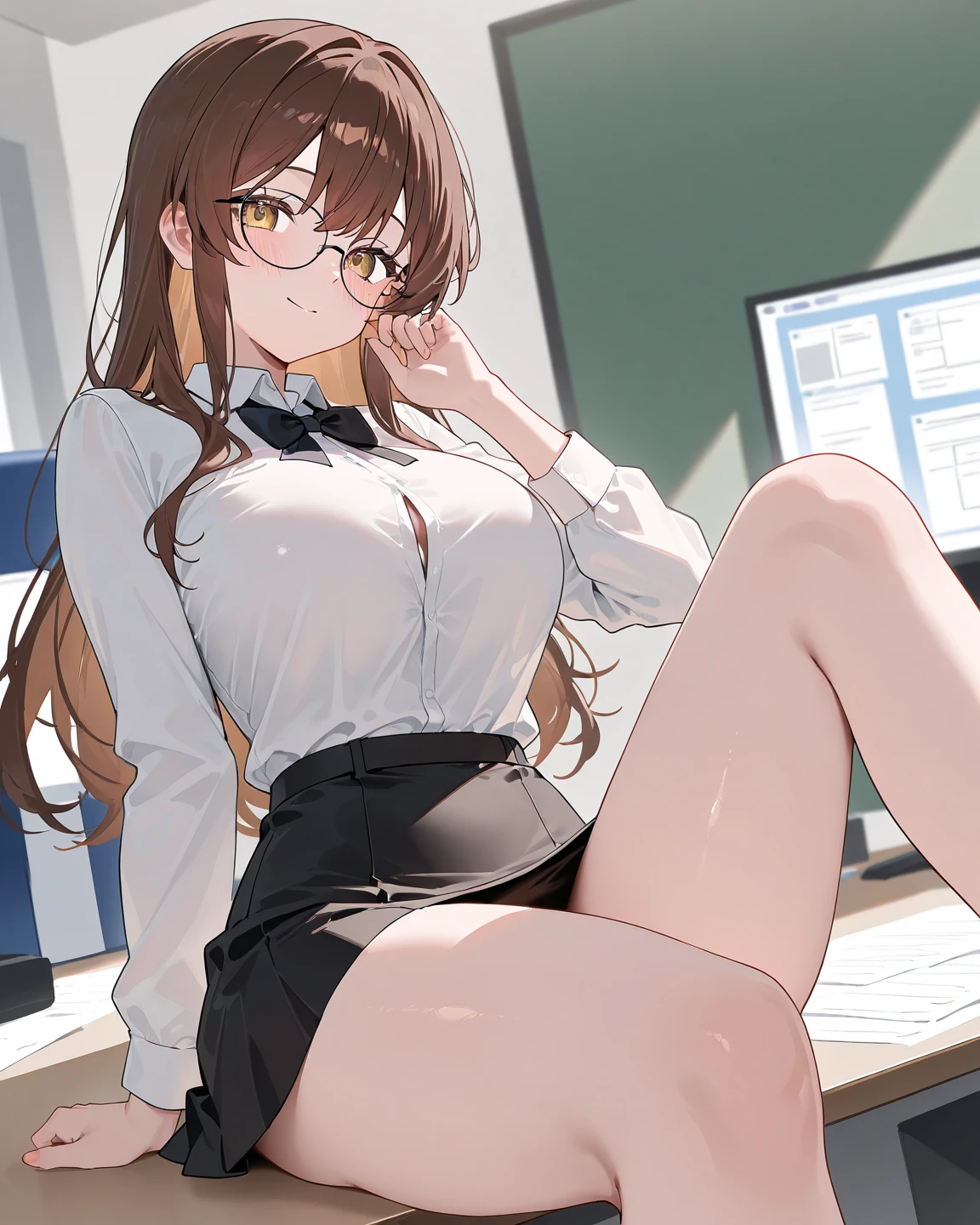 Office at night with neon lights,Late-night overtime,Social animals,There are a lot of papers, Computers and writing utensils around,Sharp woman with glasses,Officelady,Lean forward so that you can see your cleavage,Brown hair,Blonde orange eyes,Blue eyes,Black fishnet tights,Long skirt with side slits,White and red and purple and black,Reddish cheeks,A face that looks like it is pinched with its lips sticking out,Riding a horse, Hold your fingers and drool,heart mark,Smokexxx,Scooped up hair,Nipple bumps,White liquid all over the body,SEX