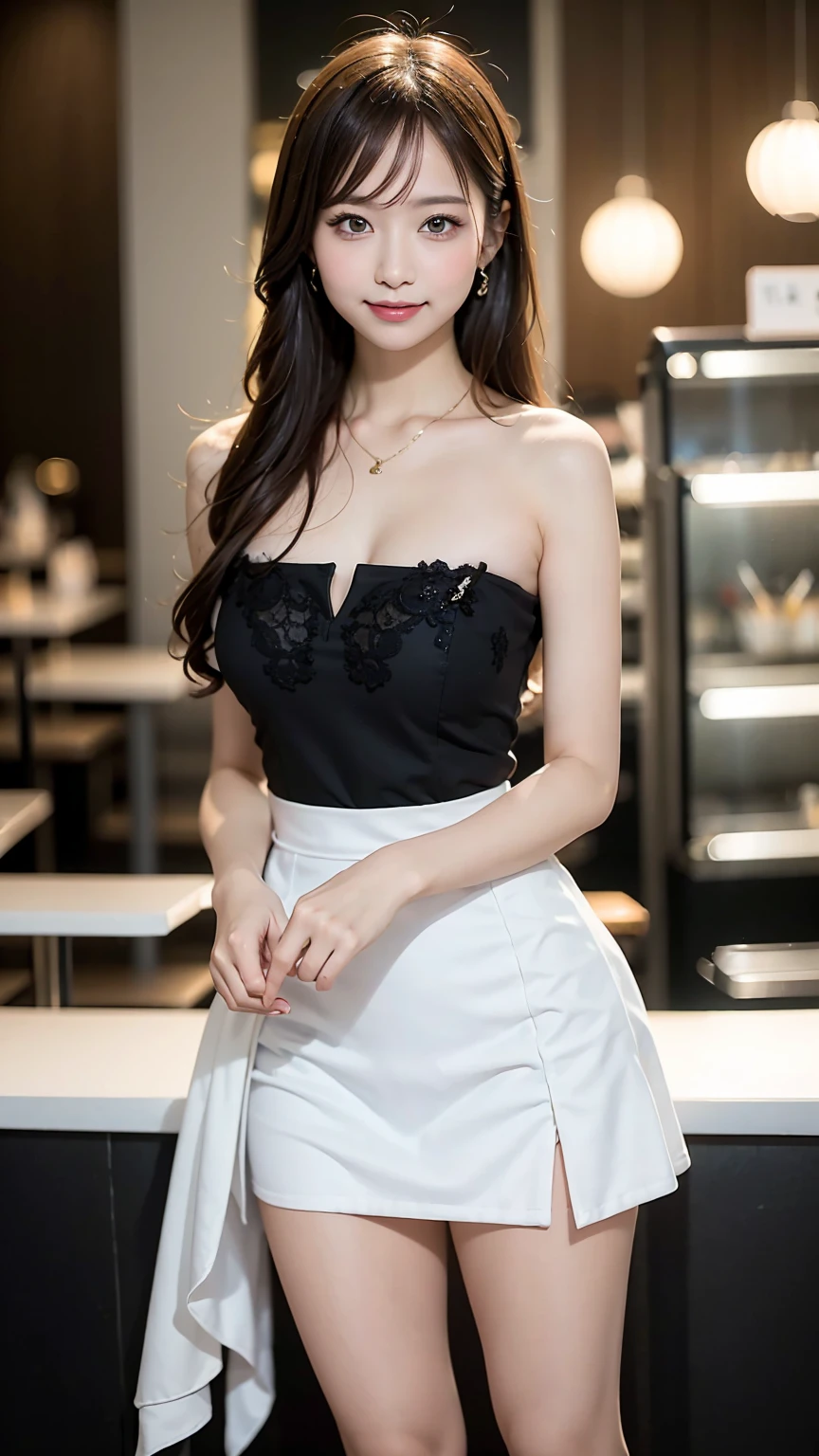 (4 k、top-quality)、(realisitic、Photorealsitic)、(Yakian)、
1girl in、独奏、fullllbody、(Back view)、
perfect hand、up looking_で_the viewer、
whiteshirt、
Urban café at night、natta、finerly detailed face、wearing round glasses、Slightly chubby、The best smile、You can see the double teeth、white hairband、Chest wide open、Light brown long curled hair,,(super gigantic breast, cleavage:1.2)、(Black Chic Fashion、Wear a tight skirt with a brown slit:1.3) (Cameltoe),35 year old、Nogizaka Idol、actress、Korean Idol、hposing Gravure Idol,place one's arms behind one's back,raise both arm,(Aside)、Model Standing、