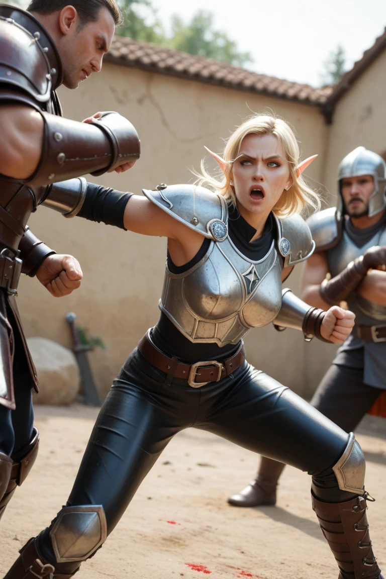 4k realistic, ​masterpiece, Sonya Blade from Mortal Kombat, ancient arena with spectators, busty, Enger roter catsuit, fight pose, right leg raised, arrogant look