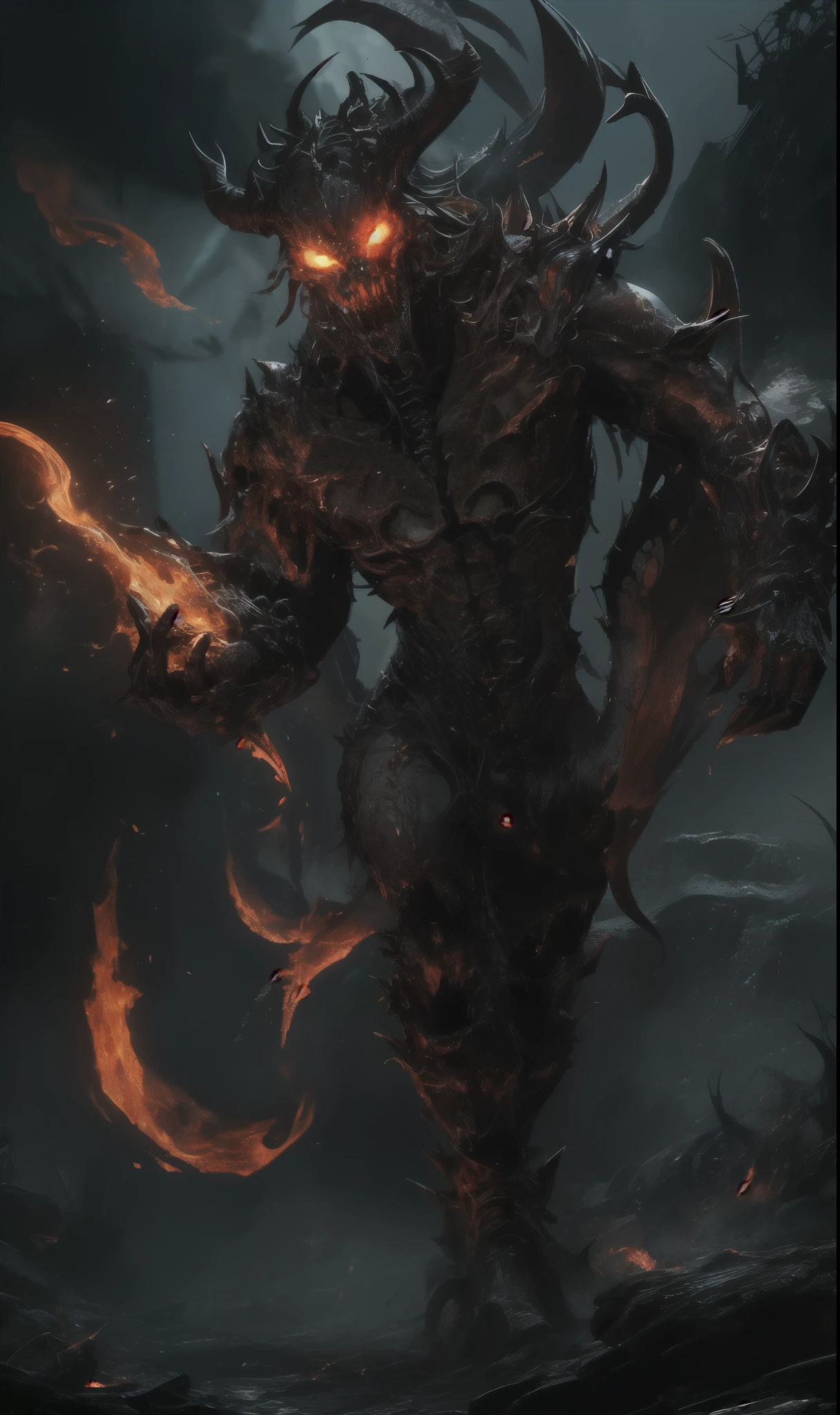 A colossal demonic entity, ancient and otherworldly, with intricate, decayed skeletal features and massive twisted horns. Its molten, glowing orange eyes pierce the darkness, and its mouth opens in a roar, revealing jagged, monstrous teeth. Surrounded by swirling black smoke and mist, the creature emerges from a deep, abyssal void. Highly detailed, cinematic dramatic lighting, hyper-realistic textures, dark fantasy epic atmosphere, 8K resolution, concept art for a AAA dark fantasy movie.