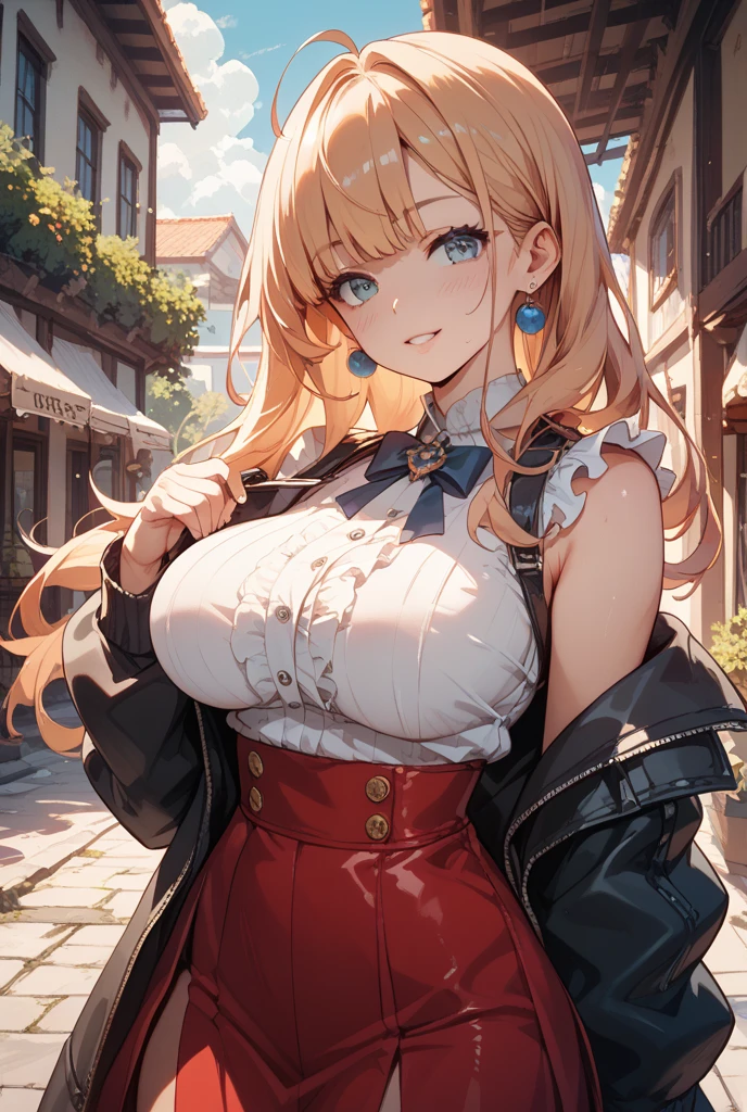 (Trading Card Game Frames:1.7),(((Armor and sword of Joan of Arc:1.3))),(((Ancient Western Landscapes:1,3))),(((Armed Girls in Europe:1.3))),(((Enhance your movements with a sword with a motion blur effect:1.3))),(beautiful a girl),Red pleated skirt,breast slip,(blondehair,See-through bangs and intricate braids、twisted beaded ponytail),(((emphasizing breasts:1.3))),(Dynamic angles),(Dynamic and sexy forward pose:1.3),(((Dignified statue))),(((hair pin,a necklace,piercings))),Colossal tits,Blush with embarrassment,Enraptured eyes,skin glistening with sweat,gazing at viewer,Disturbance of clothing due to movement,pointed red mouth,Perfect round face,,Proper body proportion,Intricate details,Very delicate and beautiful hair,photos realistic,Dreamy,Professional Movie Lighting,realistic shadow,Solo Focus,Beautiful hands,Beautiful fingers,Detailed finger features,detailed clothes features,Detailed hair features,detailed facial features,top-quality,Ultra-high resolution output image,) ,(The 8k quality,),(Image Mode Ultra HD,)