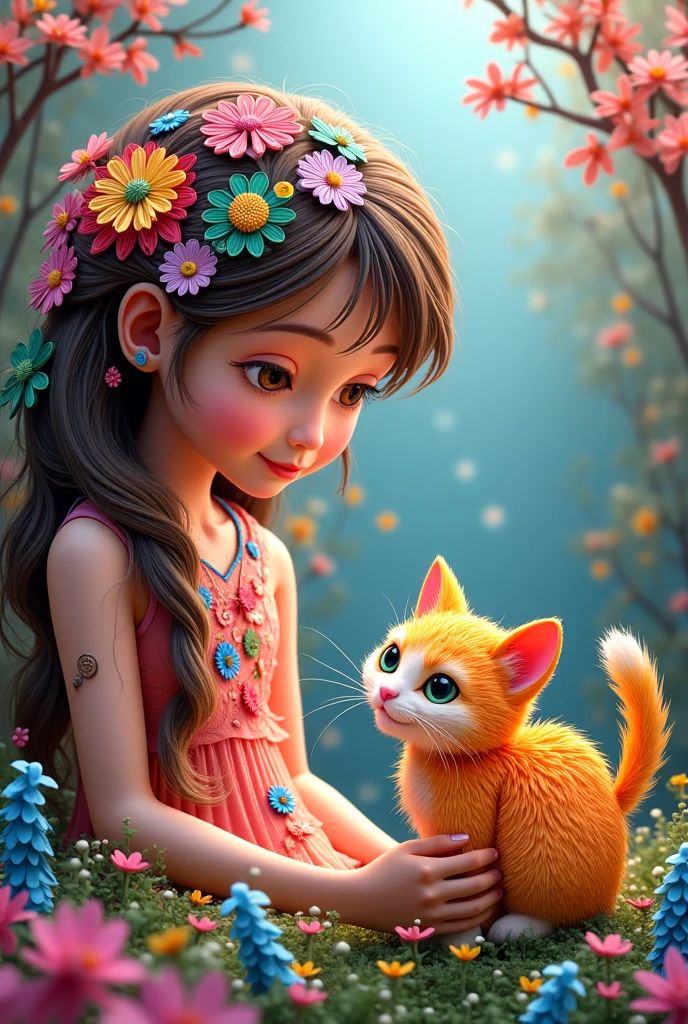 A young girl sat on a giant flower. Beside her was a small magical creature, its large eyes shimmering with wisdom as it watched her closely.