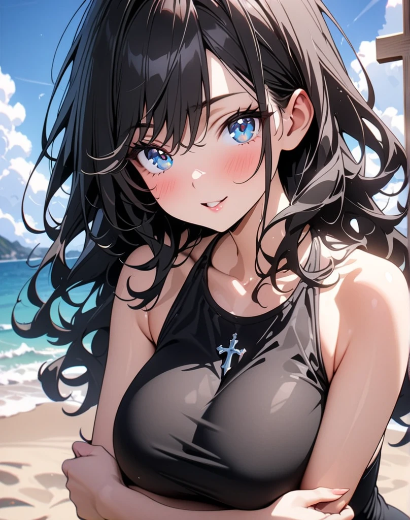 Takiuchi, Check it out, Long Hair, bangs, Black Hair, (Purple eyes:1.2),happy smile, smile, Open your mouth,Off-the-shoulder blue dress,Expose your shoulders,bare clavicle,Bare neck,Bare arms,blue long skirt,Cute heeled sandals,Real Summer,Daytime,sunny,My hair is blowing in the wind,whole bodyがイラストに入るように,Looking down from above,
break outdoors, city,海岸通り
break looking at viewer, whole body,
break (masterpiece:1.2), highest quality, High resolution, unity 8k wallpaper, (shape:0.8), (Beautiful details:1.6), Highly detailed face, Perfect lighting, Highly detailed CG, (Perfect hands, Perfect Anatomy),