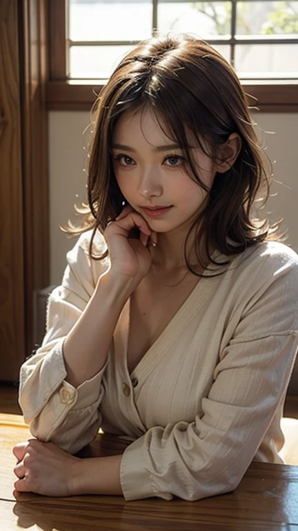 best quality ,masterpiece,ultra high res, very beautiful, kawaii, (photo realistic:1.4), 1girl, Japanese, brown hair, cleavage, Cinematic, 35mm lens, f/ 1. 8, accent lighting, 8k, virgin killer sweater,