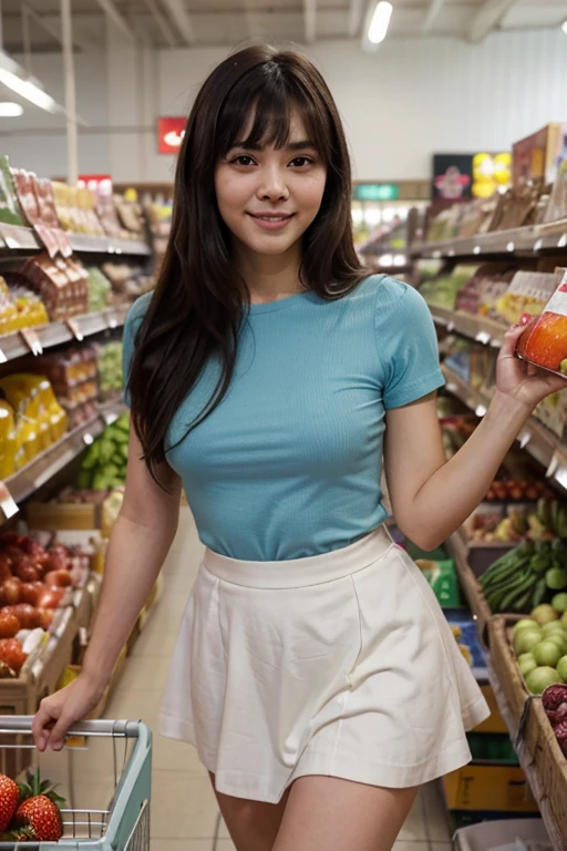 (Top Quality, 8K, masterpiece :1.3), shining legs, Radiant breasts, Ultra-detailed face, detailled eyes, Double eyelidd, surreal, best qualtiy, 8K, The master's work, ultra-fine, correct anatomy, Ultra-detailed face, detailled eyes, (lifelike, high resolucion(high resolucion):1.3), 1 girl with a perfect body, Perfect Body Beauty: 1.4, (Sorrisos), (perfect teeth), (at supermarket, She goes shopping), (Supermarket Food Corner), (supermarket:1.5), (layered hair), (Sexy Daily Lookbook:1.9),