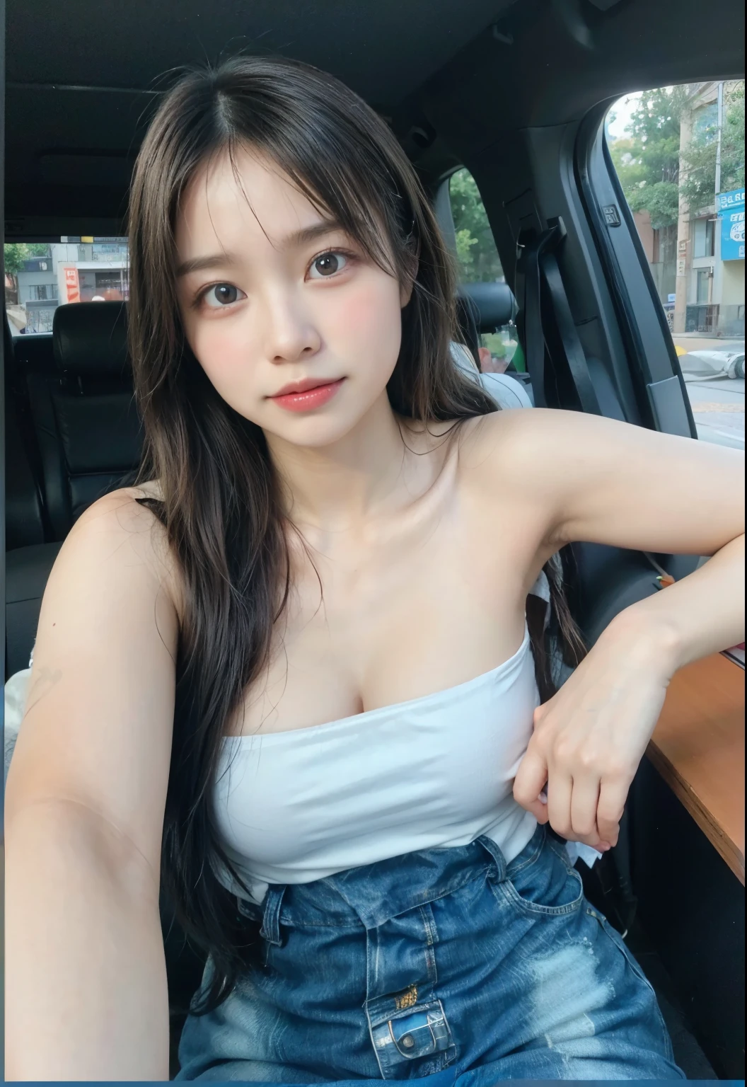 Photorealistic, high resolution, [[[ 1 girl only ]]] Black wavy hair, Korean, eBlue eyes, small moles under eyes, tight white t shirt,denim short, upper legs,Bigboobs, cleavage,sitting on car front seat, Pose at random,8K,Highly detailed, high resolution,looking towards camera ( 1 Single girl)