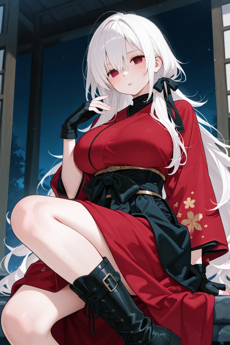 A woman wearing a red dress, white hair, red eyes, big breasts, on a roof of a modern house, with a view of a large forest at night, with local lighting, a moon, mountains in the background,HDR , ultra resolution, very detailed, masterpiece, HD 8K, (solo, just one girl)