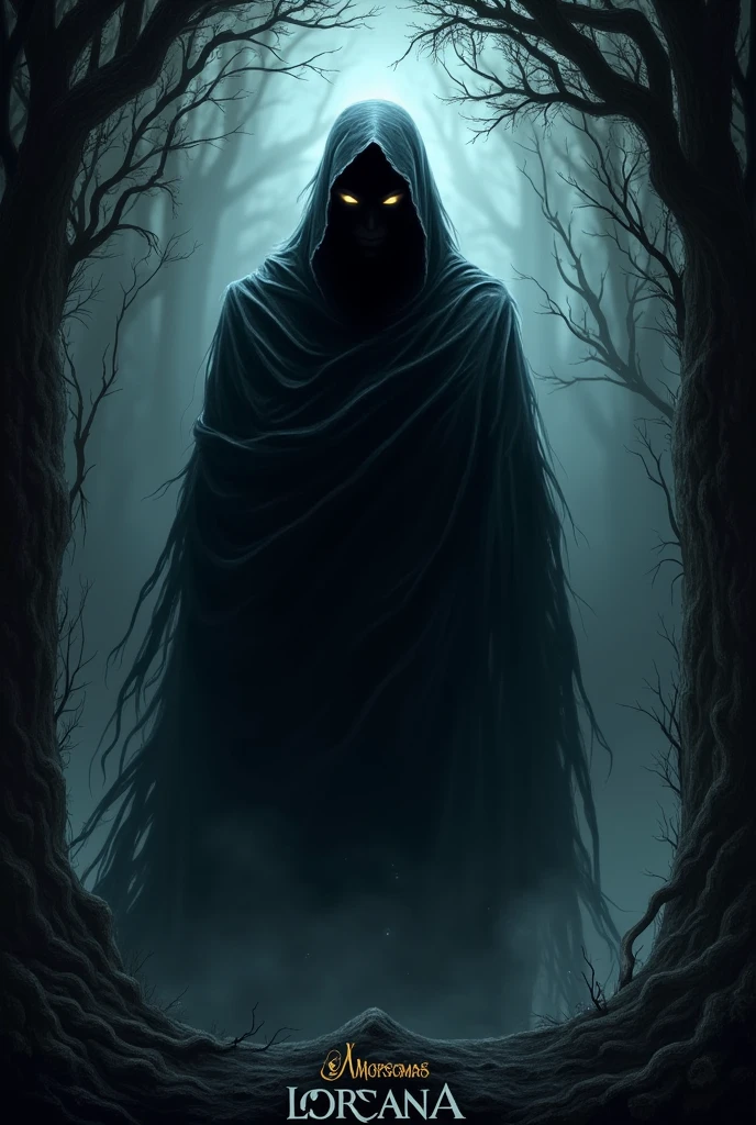 A terrifying silhouette lurking in a misty forest , shrouded in darkness and mysterious mist
