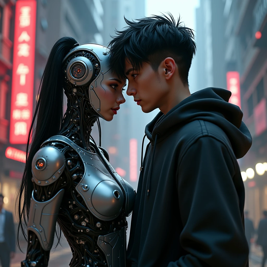 A 25 year old realistic real man in jacket clothes and a female robot passionately lingering hugging and kissing, complex 3d rendering very detailed beautiful ceramic silhouette female robot face, robot, robot parts, 150mm, beautiful studio soft light, edge light, vibrant details, luxurious cyberpunk, lace, surrealism, anatomy, facial muscles, cable wire, microchip, elegant, beautiful background, octane rendering, HR Giger style, 8k, best quality, masterpiece, illustration, very refined and beautiful, very detailed, CG, unified, wallpaper, (realism, realism: 1.37), amazing, fine detail, masterpiece, best quality, full body,