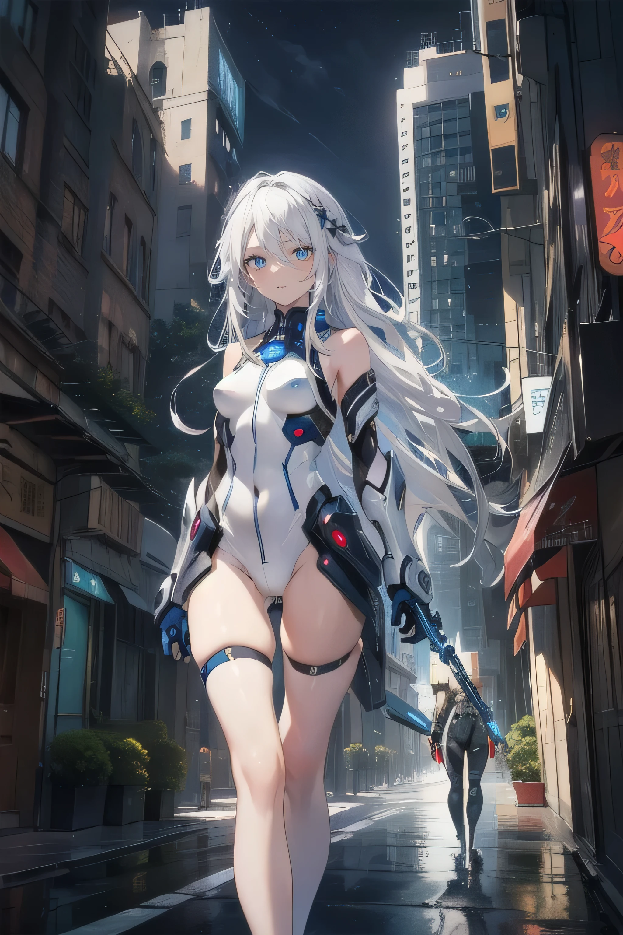 dopamine,Colorful sexy outfits,Tight armor,Open navel,Bigchest,Thin body,Mecha panties,Slender legs,White,dual horsetail,Pink makeup,largeeyes,Blushlush,Sexy figure
