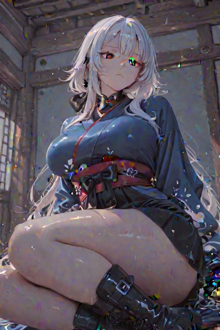 Top image quality, 1girl, solo, long_hair, looking_at_viewer, blush, bangs, skirt, hair_ornament, long_sleeves, bow, hair_between_eyes, bare_shoulders, sitting, very_long_hair, purple_eyes, flower, hair_bow, pleated_skirt, frills, parted_lips, outdoors, japanese_clothes, green_hair, shoes, day, sleeveless, socks, miniskirt, wide_sleeves, kimono, off_shoulder, :o, two_side_up, tree, blue_skirt, sleeves_past_wrists, kneehighs, sash, hands_up, wariza, obi, brown_footwear, sunlight, grass, white_socks, loafers, ribbon_trim, ribbon-trimmed_sleeves, purple_skirt, purple_bow, star_hair_ornament, red_kimono, short_kimono, ribbon-trimmed_legwear, sleeveless_kimono, pinching_sleeves,Rain,Bare chest
