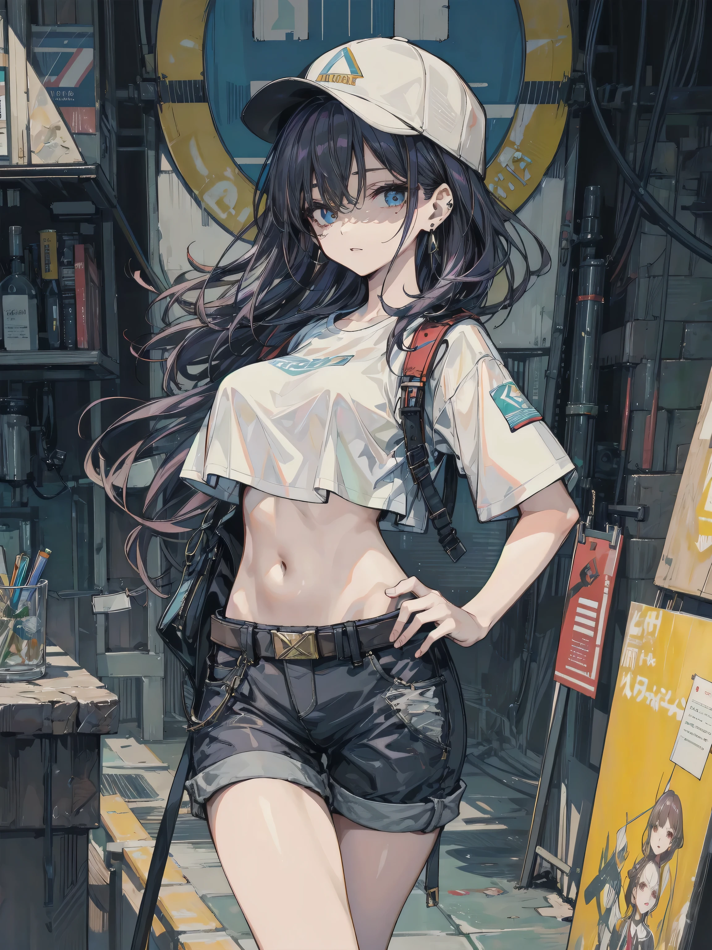 whole body, absurdres, RAW photo, extremely delicate and beautiful, masterpiece, Best Quality, ultra high resolution, 32k, hyperrealistic, ultra-detailed, detailed description, pale skin, 20 years old, detailed beautiful face and eyes, big tits, medium hair, black hair, tearful mole, earring, baseball cap, tank top, cargo shorts,