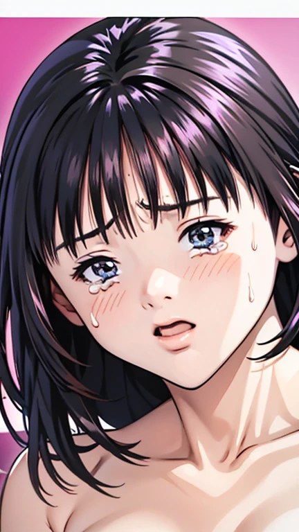 une fille d'anime nue avec des cheveux blancs avec sa langue tirée et du sperm sur le visage
