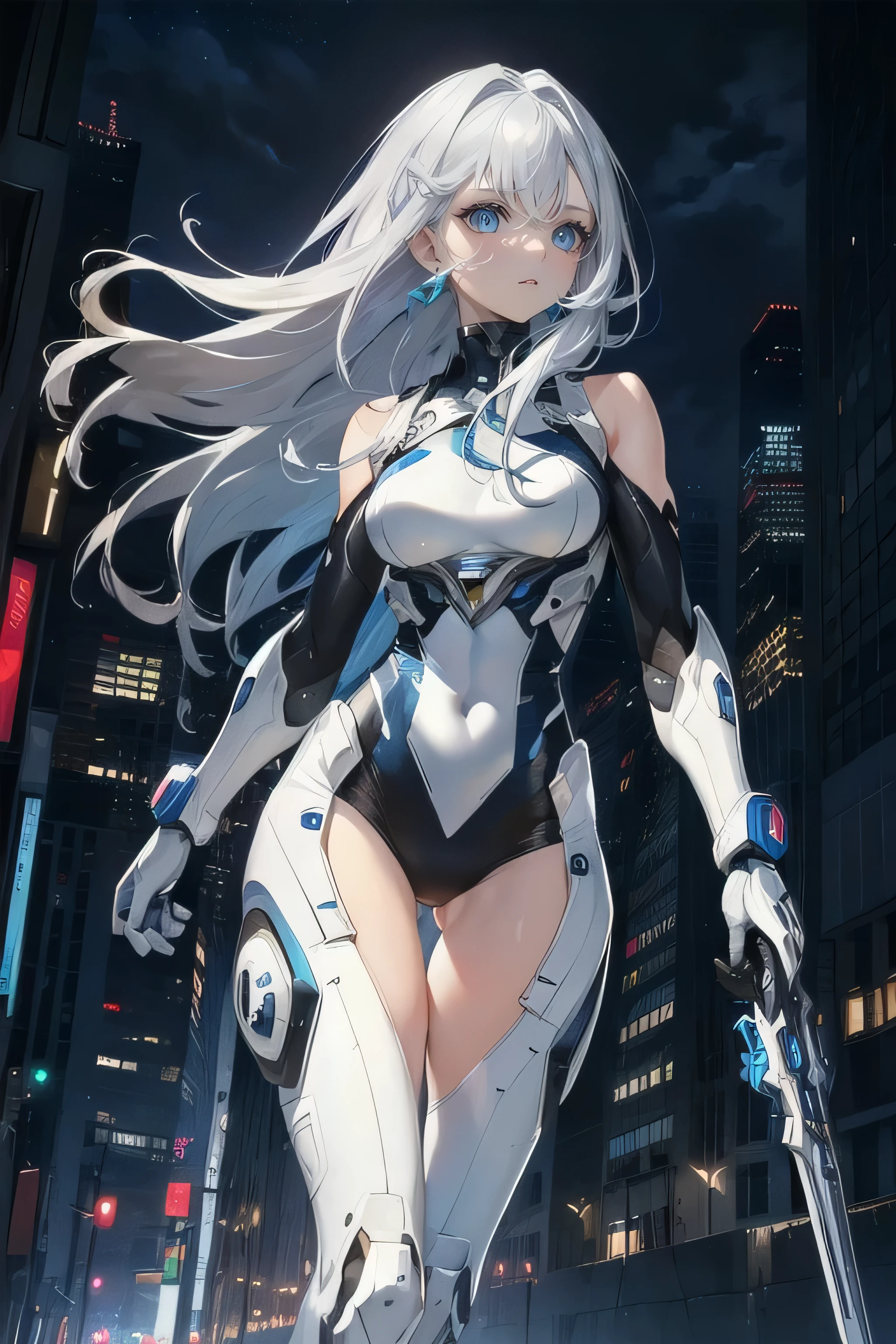 (masterpiece), (best quality), ultra detailed, finely detailed color, cenematic painting, (Top image quality), (Ultra Detailed), (Facing forward), top quality, masterpiece, (((only 1 girl))), Silver Hair, white hair, ((Long hair)), (deep blue eyes:1.6), night, urban, ((holding cybernetic weapon)), ((high leg)), ((bare legs)), ((sleeveless)), battle suit, bodysuit, mecha suit, white suit, ((city background:1.2))