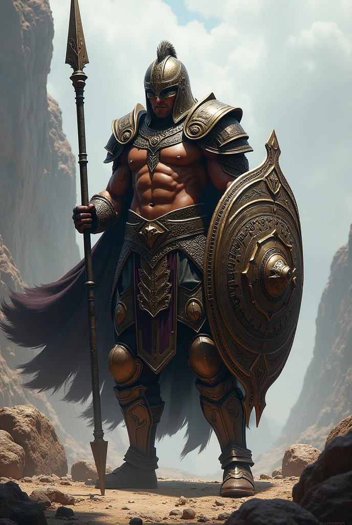 The hero stands sideways with a shield and an axe and looks ahead of himself and looks like a man