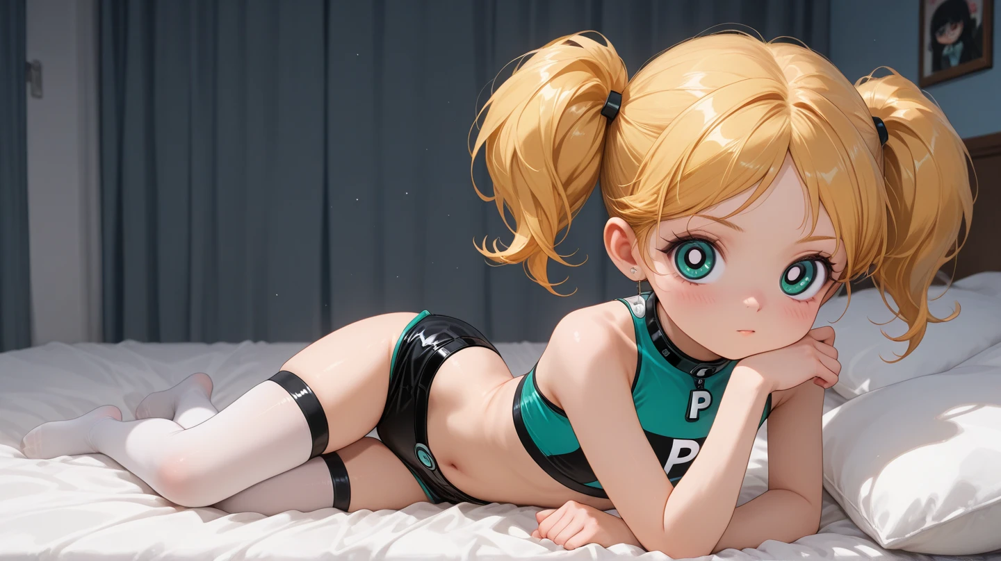 One girl,(((Young face))),((Short))、(((Round face)))、(((Yellow Eyes)))、(((Light purple hair)))、((Twin tails long enough to reach the ground))、(((long hair)))、(Black Ribbon),Red lips,Cute Face, Sitting,Wearing a full body suit,Black bodysuit,Shiny bodysuit ,Underbust, shirt,(Browsing Caution:0.55), ((flat chest, Flat Stomach, Baby Face)), (Vibrant colors)