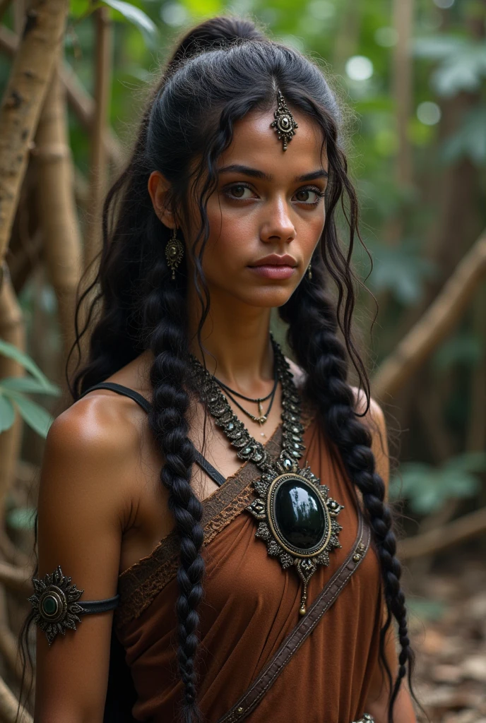 A nature-themed appearance, standing in a sunlit environment, possibly a swamp. Her skin is a light olive tone, with delicate features and soft makeup, She has a verdant green birth-mark on her forehead. She has large, expressive green eyes that match the natural theme of her appearance. Her hair is lush and voluminous, styled in thick, verdant green dreadlocks that resemble vines, intertwined with leaves and small flowers. Some strands of her hair are braided, while others are free-flowing, adding to her ethereal and organic look. She also has pointed elf-like ears adorned with golden hoop earrings, emphasizing her mystical origin. She wears a form-fitting green bodysuit with intricate floral embroidery on the sleeves and chest. The bodysuit features a high collar and a unique cutout design on the chest, revealing a small portion of her skin. The belt around her waist has a gold buckle and is decorated with floral motifs that complement her overall look. She wears thin rectangular golden glasses as well