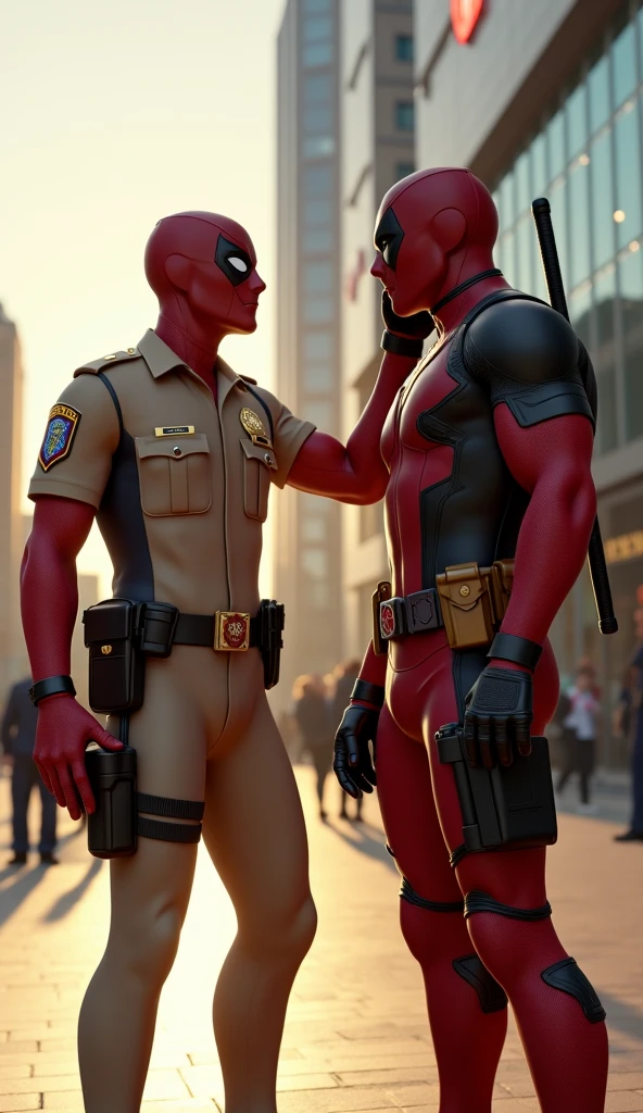 a fight between Deadpool and the lady police and the lady police in blue police dress is stopping Deadpool with her one hand from moving forward, She taking gun in her another hand and Deadpool is kneeling down in front of lady police
