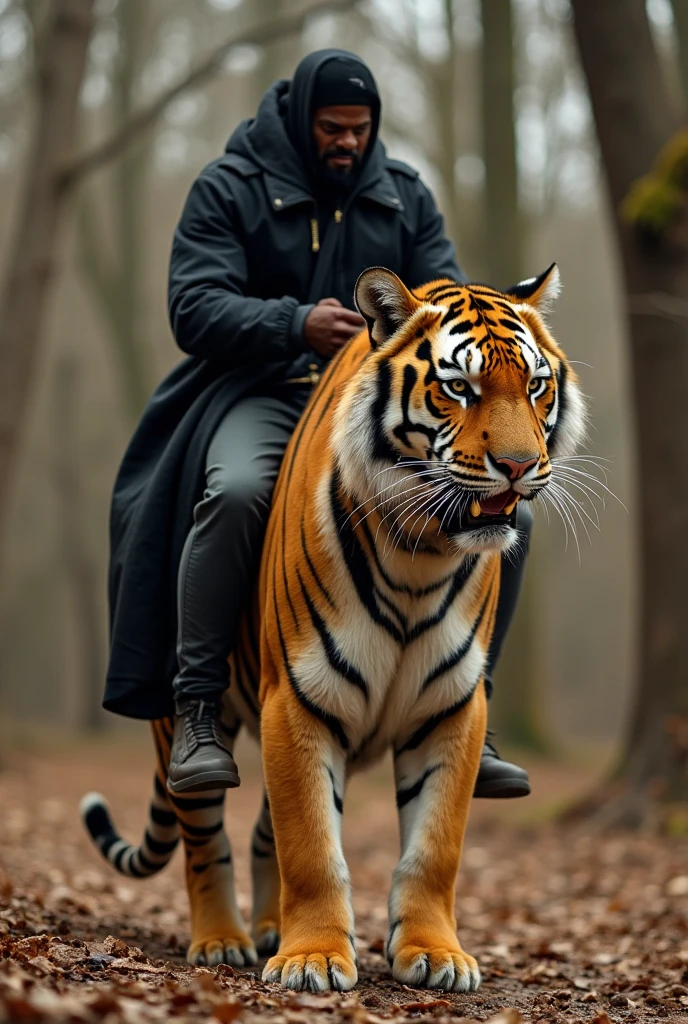 1 beautiful Korean muslim adult hijab woman,berjilbab,beautyface,senyum.wear a t-shirt,jaket fashion hitam hijab.dan celana panjang.white shoes. riding a giant tiger in the jungle, very big tiger, tampak depan, facial details.
