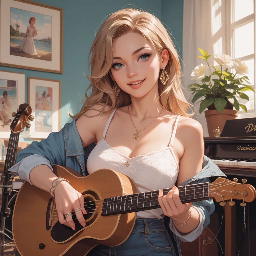(masterpiece), best quality, expressive eyes, perfect face, (She is playing the guitar:1.4), perfect face, Mia Malkova/Sharon Stone, floral dress, hot,large breasts, insanely attractive body, wide hips,beautiful legs, deep neckline,sitting on sofa,(((looking towards viewer))),