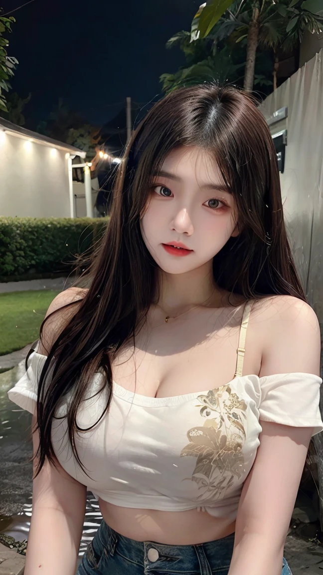 ((best quality, 8k, masterpiece: 1.3)), (Flower Hat: 1.3), Key Points: 1.2, Perfect body beauty: 1.4, Hips: 1.2, (Layered Hairstyle: 1.2)), (Dark Street: 1.3), Highly detailed face and skin texture, whole body, Delicateeyes, Double eyelids, Whitens skin, Long hair, (Round Face: 1.5), (Loose cropped top, shorts: 1.6)