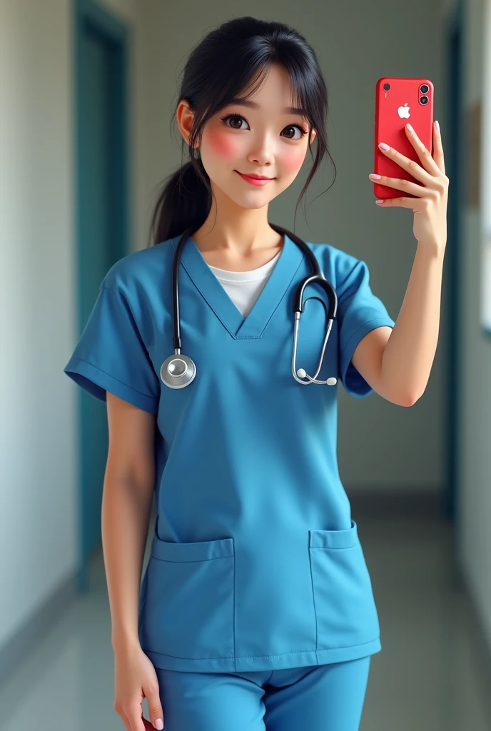 (Japanese woman, black bun hair:1.2), (wearing light blue scrubs:1.3), (holding iPhone:1.3), standing, talking, best quality, high resolution, photo realistic, detailed face and clothing
