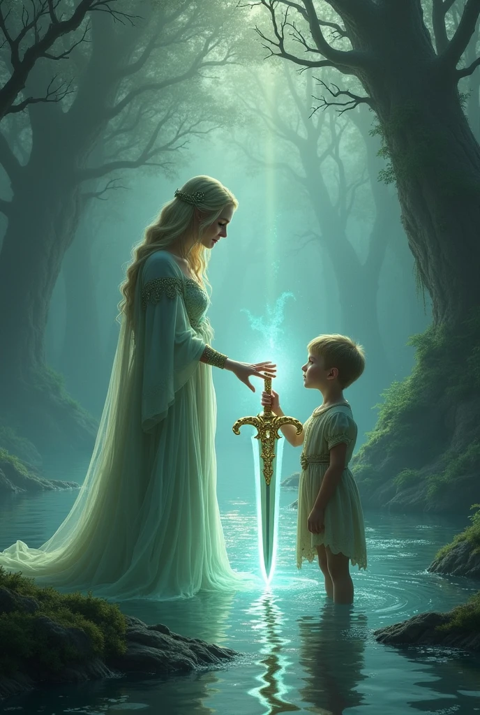Make a beautiful woman with long loose hair and black bangs and a pink blouse with her 3-year-old son with blond hair and a little voluminous hair., are standing with their backs turned looking at a shining sword embedded in a stone.