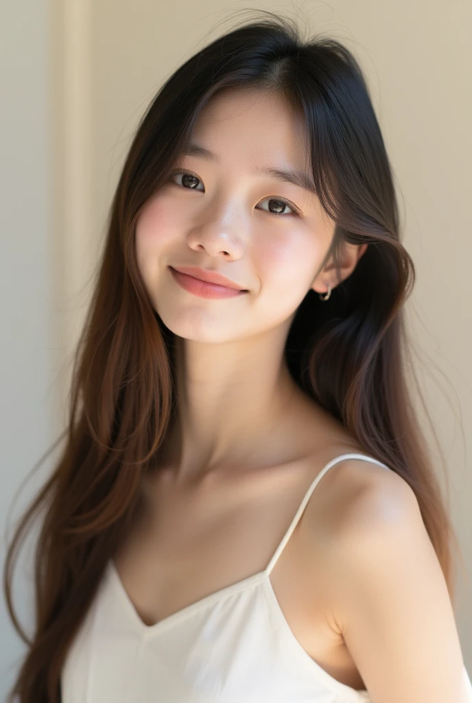 Good afternoon, can you recreate an image of a 20-year-old girl, pale complexion, with freckles on the bridge of her nose and the top part of her cheeks, honey-colored eyes, Asian, small and refined nose, soft, not so thin lips not so thick, slim complexion, wearing a white dress, breasts not so big nor so small, small waist, height of 160cm, long and wavy brown hair, and a smile on her face and a happy expression