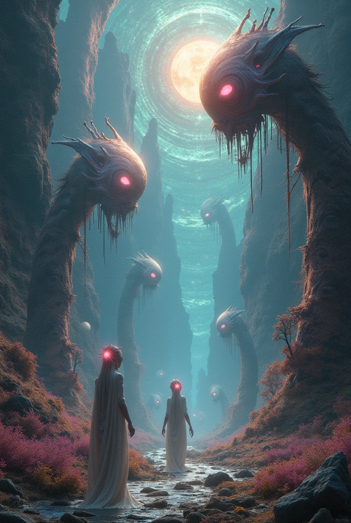 A woman stands in front of a group of alien heads, bright neon colors violet, turquoise, iridescent green inspired by Yanjun Cheng, inspired by Russell Dongjun Lu, Beeple y James Jean, by Russell Dongjun Lu, surreal painting, emotional surreal art, yuri shwedoff y tom bagshaw, inspired by Jean Malouel, surrealist aesthetics, tom bagshaw style