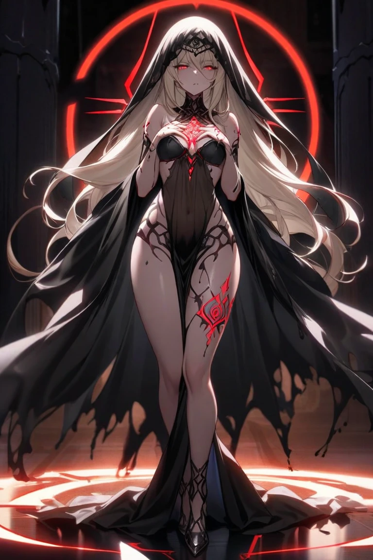 ultra realistic 8k cg, tan skin Ramlethal from Guilty Gear, masterpiece, ((ultra detailed background, delicate pattern, intricate detail)), sitting, formal, serious, (displeased:1.5, anrgy, upset, head tilt, glowing red eye), queen, goddess, divine, cursed, dark fantasy, (hair over one eye), (((malevolent shrine, dark water, night, red moon))), absurdly long hair, very long hair, white hair, looking at viewer, huge breasts, nsfw, breasts out, lace, lace trim, lace-trimmed legwear, sfw, mostly nude, minimum coverage, string bikini armor