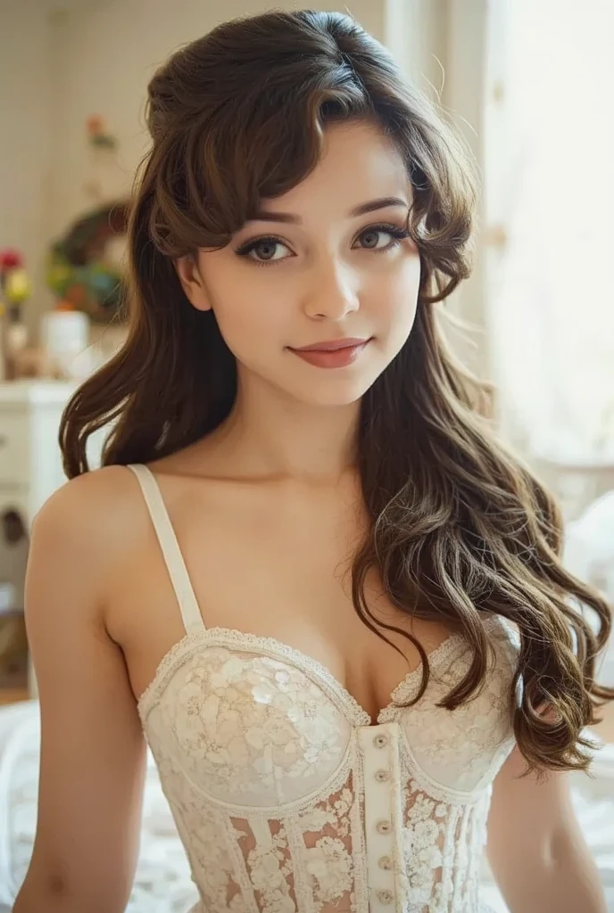beautiful girl, brown eyes, beautiful slim teenage girl 25 year old woman, hair color [blonde highlights hair], [undercut pixie] hair, lips, realistic, narrow waist, charming, pink lipstick, colorful makeup, long eyelashes, fair skin, (cute), (detailed face), detailed eyes, detailed iris, (large breasts:1.2), (ballerina, pantyhose)