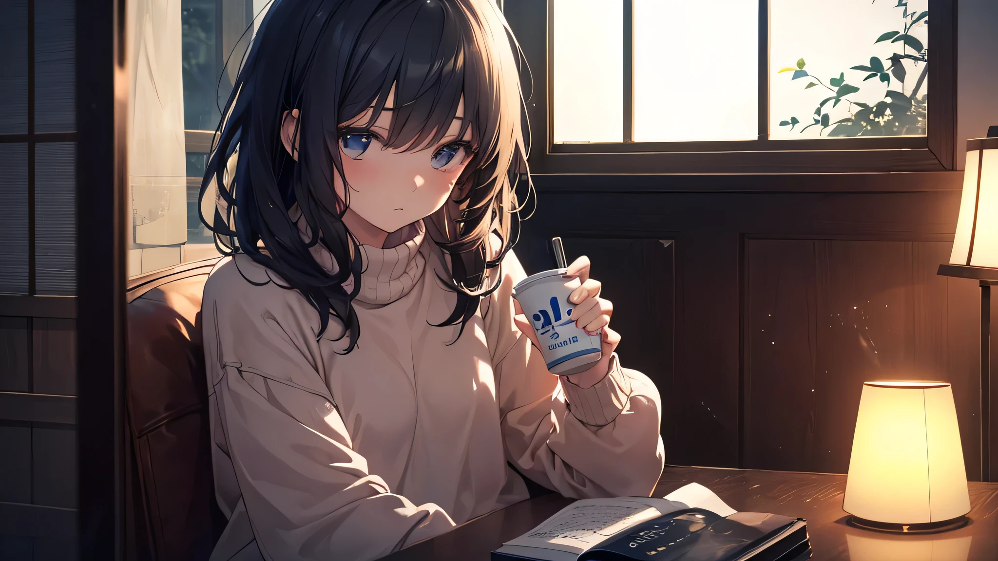 A beautiful and detailed portrait, happy, blue eyes, short brown hair, (white warm sweater:1.5), (tight skirt:1.5), sitting at a booth, (very fat:1.5), cityscape, inside, window, coffee shop, solo, bare shoulder, table, sitting across, point of view, cofee mug, night time, rain, raindrops on window, blushing