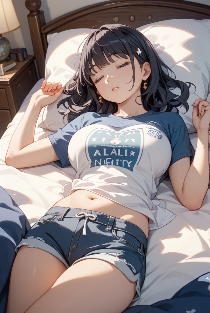 Very detailed、(8k, RAW Photos, highest quality, masterpiece:1.2), (Very detailed 8k wallpaper),figure、Professional Lighting,Sharp focus, Depth of written boundary、、Clear Eyes、Perfect Anatomy、With a girl、12 years old、、,、(Plump thighs:1.2)、、、pov 、T-Shirts、White panties、Denim mini skirt、、Lying in bed、(Leg spread:1.5)