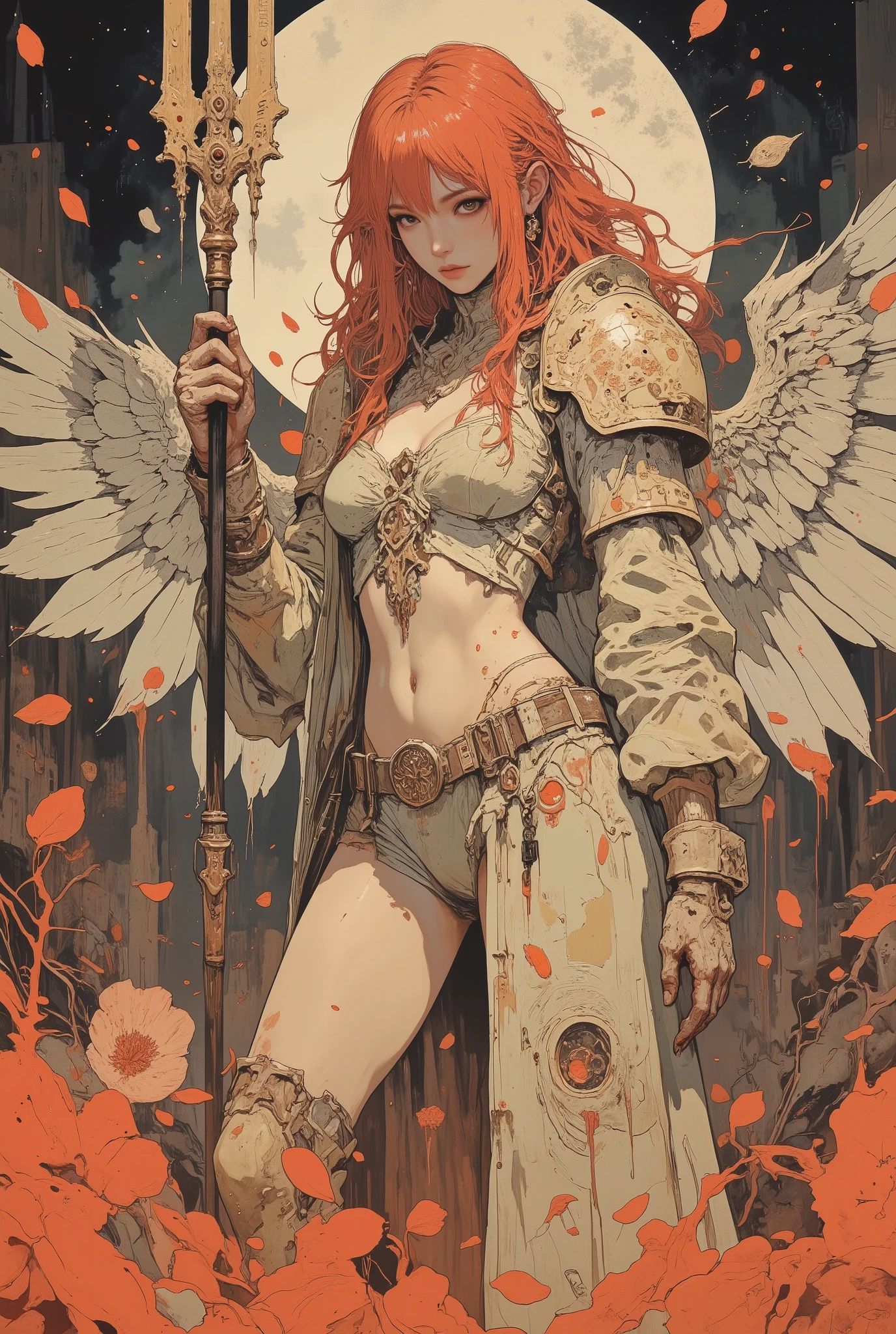 A breathtaking scene of the angel warrior, Marenia Gnome, standing in the middle of the battle. She is confident, slender, and clad in a bikini armor made of ethereal melon skin. With her long, fiery melon-colored hair in disarray, and determined eyes hidden from her enemies, she stands strong. In her right hand she holds her iconic prosthetic seed and a banana spear engraved with runes, dripping with strawberry jam from her most recent battle. The juice dances around her and floats in the air like ghostly petals, adding a haunting beauty to the scene. The background is shrouded in strawberry-red juice mist and burning ash, (Max Ultra HD quality and rendering: 3), Max Image Detail, Realistic rendering, (((Ultra Realistic Style))), Realistic side lighting, 8K High Resolution, Realistic Soft Lighting, (Amazing Special Effects: 3.5)