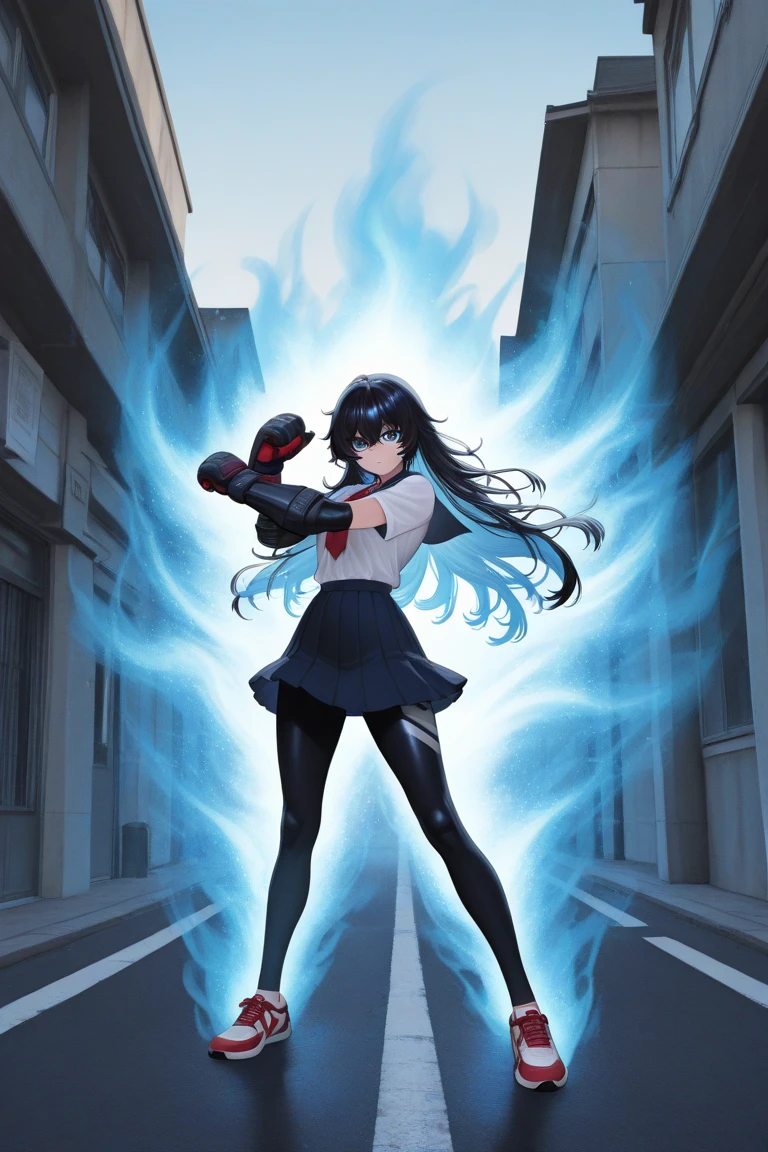 (Masterpiece, Top Quality), (Fine Hair), Ultra Detail, Anime Style, Full Body, Solo, Superpowered High School Girl, Hero Domino Mask, High Leg Leotard, Gloves and Knee Boots, Image colors red and blue, Black White Hair, Flying Blue Sky, Background white, full body, energy pulse, ((fire and ice in woman's hands)) (twirling pose)