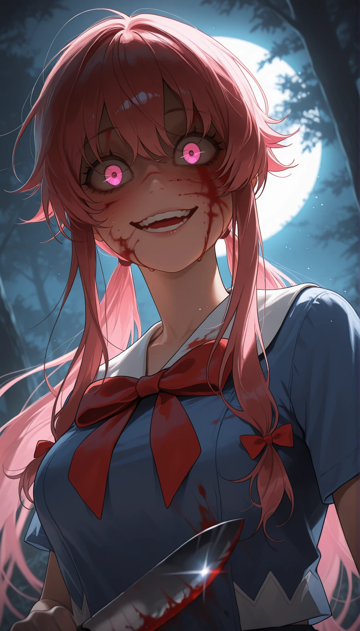 masterpiece, best quality, looking at viewer, facing viewer, bare legs, 1girl, solo, upper body, bow, serafuku, disgusted face, night time, heavy rain, outdoors, city, crop top, navel, wet clothes, drenched, overly long sleeves, hands in sleeves, blood tears, blood marks, dark alleyway, blood splattered on the ground, red bright light, glowing eyes, depth of field