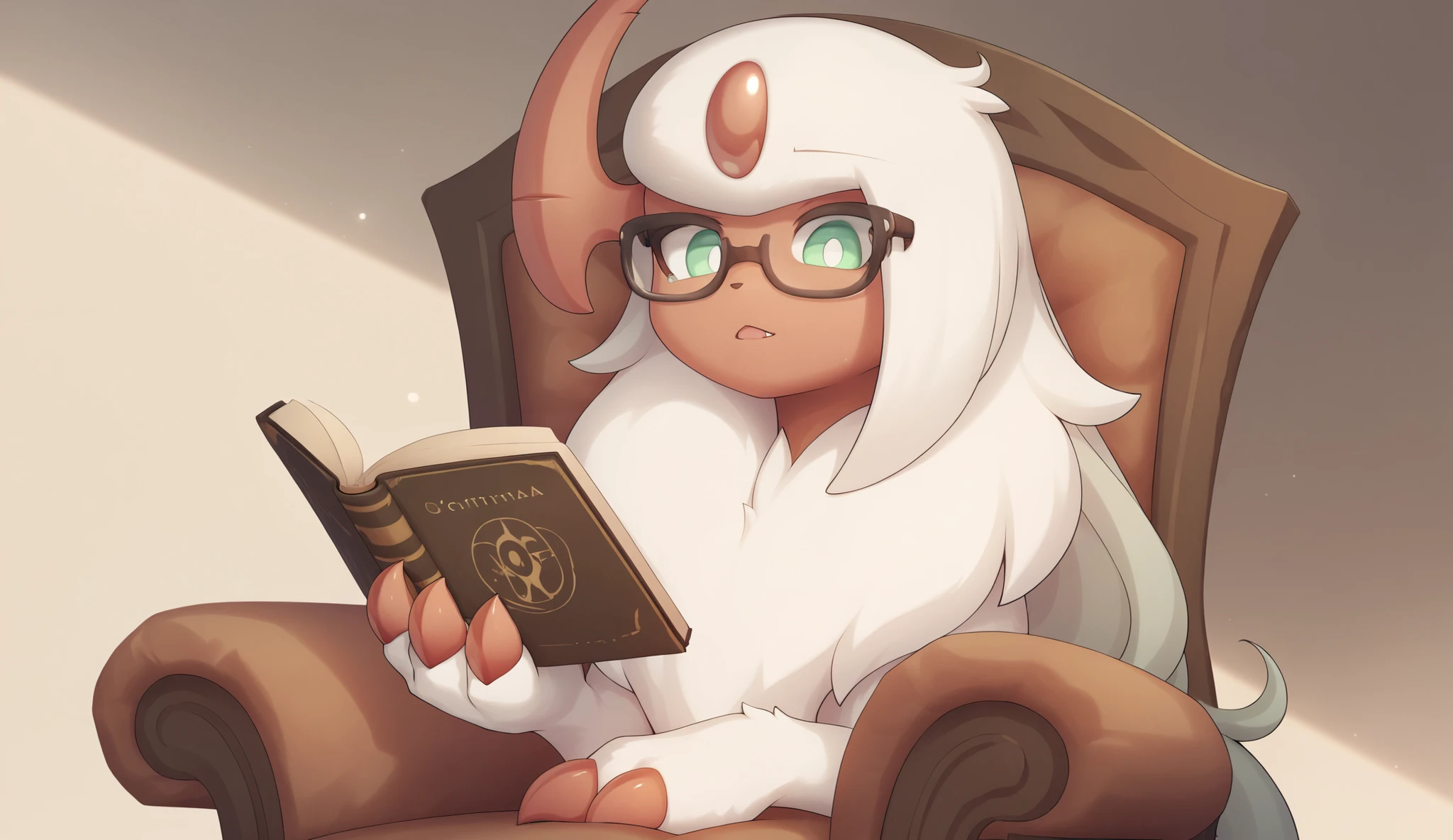 (high quality, high resolution, obra prima), Pokemon \(criatura\), absol shiny//macho, Light red tail, pearl of the forehead light red, White body hair, light green eyes, light red facial skin, light red claws,  white pupils, Light red horns, pelo branco,  a lot of hair on her //, sozinho, quarto, lendo livro, sitting in an armchair, Looking at the open book,  holding the book , using black glasses, do autor: Zinfyu