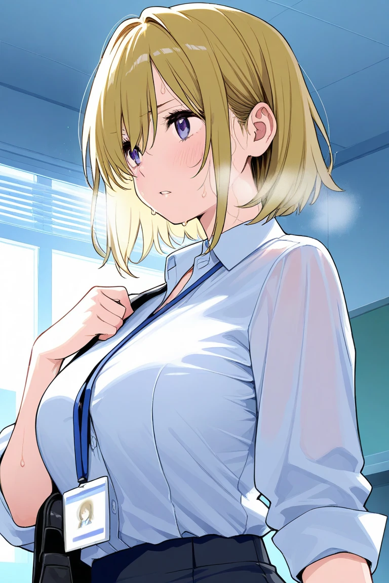 8k, RAW Photos, Highest quality, masterpiece:1.2,One person,Mature Woman,Cleavage,((white_hair:1.2)), (Glowing red pupils),(office_Lady)，((Pull Panties))、Cowboy Shot、((Pulling on panties))、(Wear a skirt:1.2),I had already finished、(locker room:1.2),