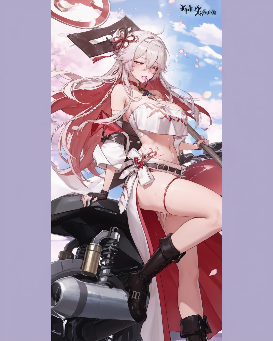 A female empress, white-haired, with yellow eyes, red nails, showing breasts, legs open showing pussy, with an angry face and a provocative look, mouth open with tongue out. Wearing traditional Chinese imperial clothing, decorated in gold with black details, with red Hanafuda earrings, with a short red skirt. Kneeling on a hotel room bed with the sunset at the window in the background.