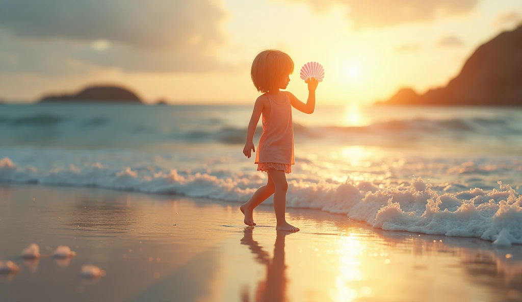 (seaside, beach, sun, light rain, mountains, rainbow, little girl in floral dress, 5 years old, waves), 8k, high quality --auto --s2