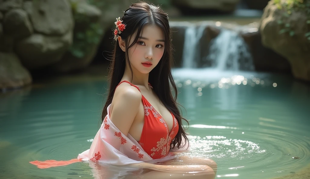 Woman bathing in a large public bath,Top image quality,movie camera,Young and beautiful princess in the Chinese royal palace,Wearing red Japanese style panties,Live in China's ancient royal palaces,Get pleasure,gently smiling,Full body portrait,Stylish art,,Detailed face,Happy.,a closeup,beutiful breast,