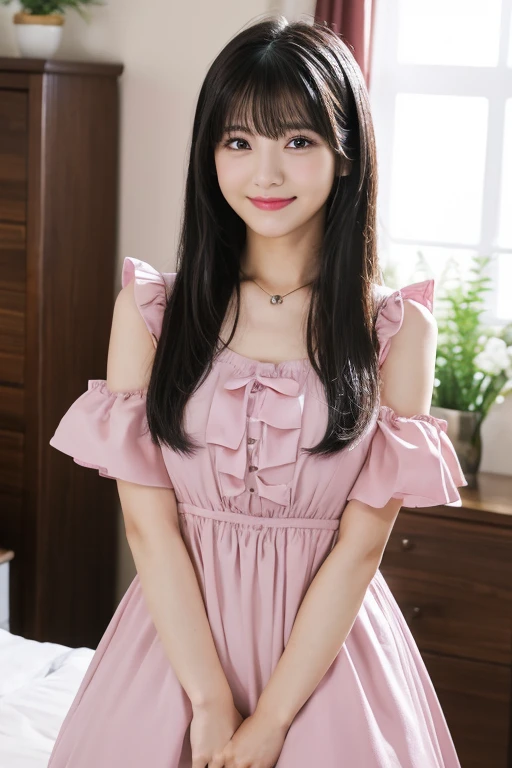 (Mais alta qualidade、obra de arte、8k、Melhor qualidade de imagem、Hiper Realismo、Trabalho premiado)、um fofo lolita girl、(Sozinho:1.1)、(1 foto:1.1)、(um fofo, feminino, luz rosa, vestido lolita transparente:1.2)、(Cute feminino big ribbon:1.1)、(Cute and luxurious hair accessories:1.1)、(Um vestido Lolita perfeito com detalhes intrincados:1.2)、(Lindo vestido com babados e fita:1.1)、(um fofo lolita dress with lace decorations:1.1)、(Cute feminino lolita wavy hair:1.1)、(comprimento baixo:1.1)、(altura: 140cm:1.1)、(seios muito grandes:1.2)、(corpo glamoroso:1.1)、(grande decote:1.1)、(Rosa rosa:1.1)、(Cute heart symbol:1.1)、Muitos babados fofos、(Fita grande e fofa:1.1)、enfatizar a linha do corpo、corpo esguio、standing gracefully、(Pastel color feminino and luxurious lolita room background:1.1)、(Quarto lolita de conto de fadas intrincadamente detalhado:1.1)、(um fofo room with a feminino atmosphere in pastel colors:1.1)、(Cute feminino curtains in pastel colors:1.1)、(very bright and vivid:1.2)、(Beautiful pastel wall decorations:1.1)、fundo desfocado、Uma garota parada graciosamente、anatomia precisa、maquiagem perfeita、long eyelashes、shiny lips、Ultra high definition glowing skin、(Ultra-high-definition beautiful, glowing skin:1.2)、超高精細のshiny lips、Beautiful teeth in super high definition, show tits