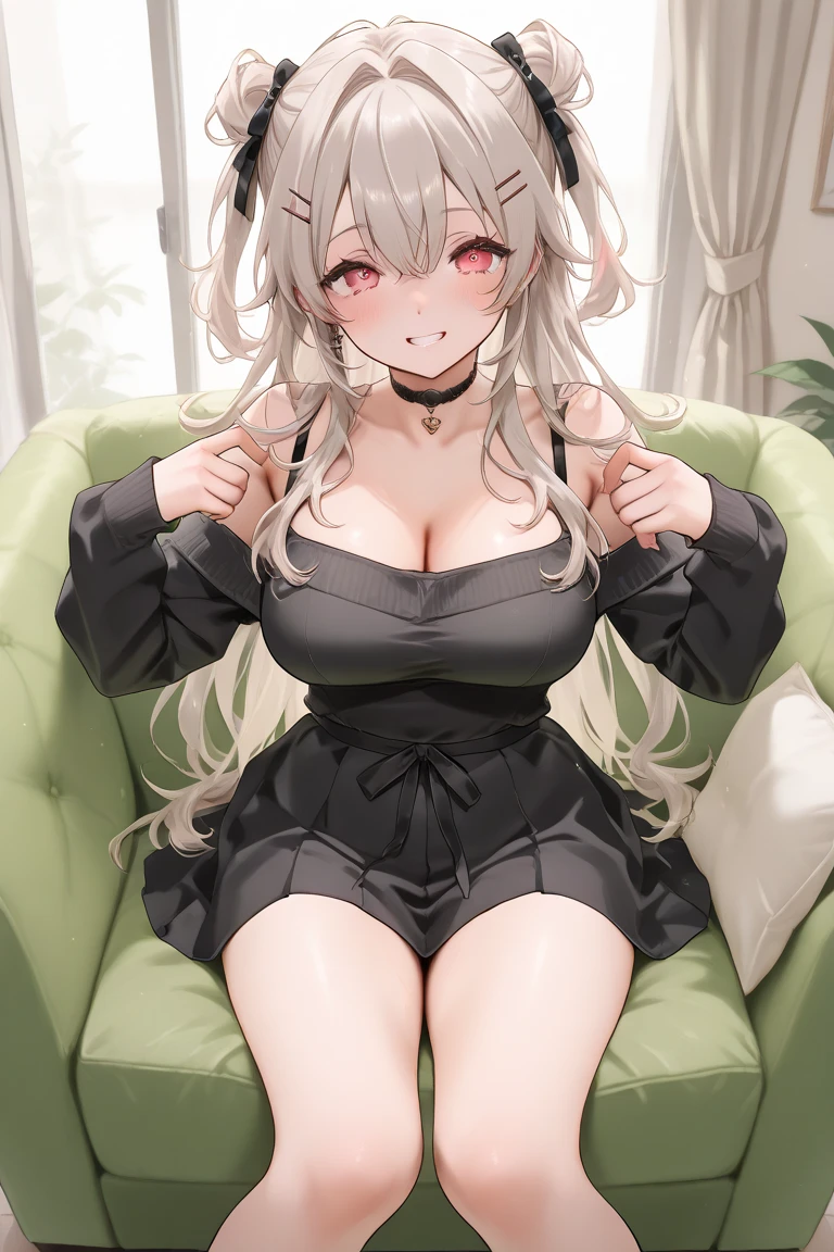 score_9, score_8_up, score_7_up, score_6_up, uncensored, Echidia, absurdly long hair, purple eyes, silver hair, colored eyelashes, very long hair, hair ornament, lips, shiny skin, sweating, wet, wet hair, steaming body, heavy breathing, detailed body, detailed eyes, blush face, BREAK (masterpiece:1.2), best quality, high resolution, unity 8k wallpaper, (illustration:0.8), (beautiful detailed eyes:1.6), extremely detailed face, perfect lighting, extremely detailed CG, (perfect hands, perfect anatomy), seductive smile, (tongue out, long tongue:1.3), saliva, sweating, steaming face, (facing viewer), simple background, sitting on a bench, (cinematic), large breasts, black dress,